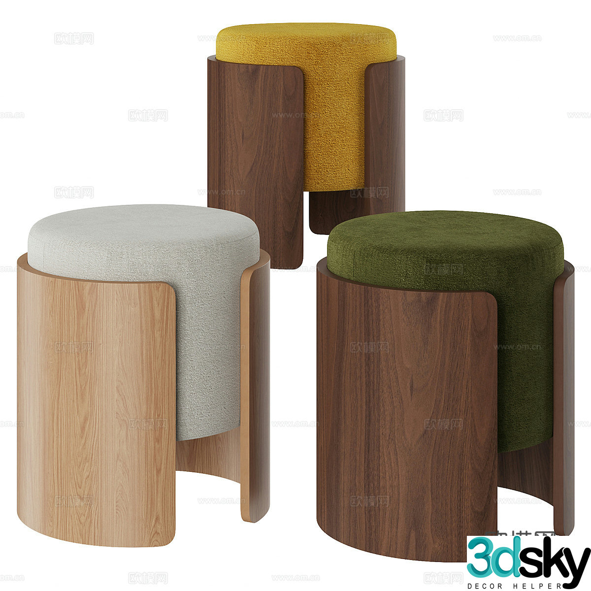 New Chinese style wooden fabric round stool 3D model