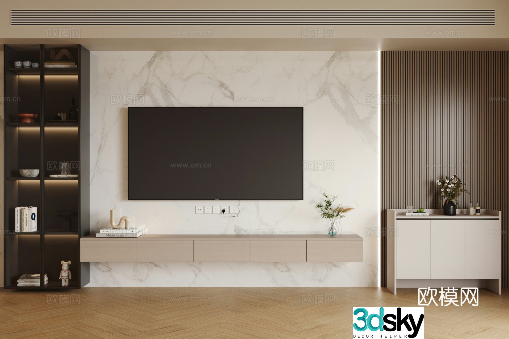 Modern minimalist TV background wall Living room background wall Marble background wall Premium gray living room 3d model