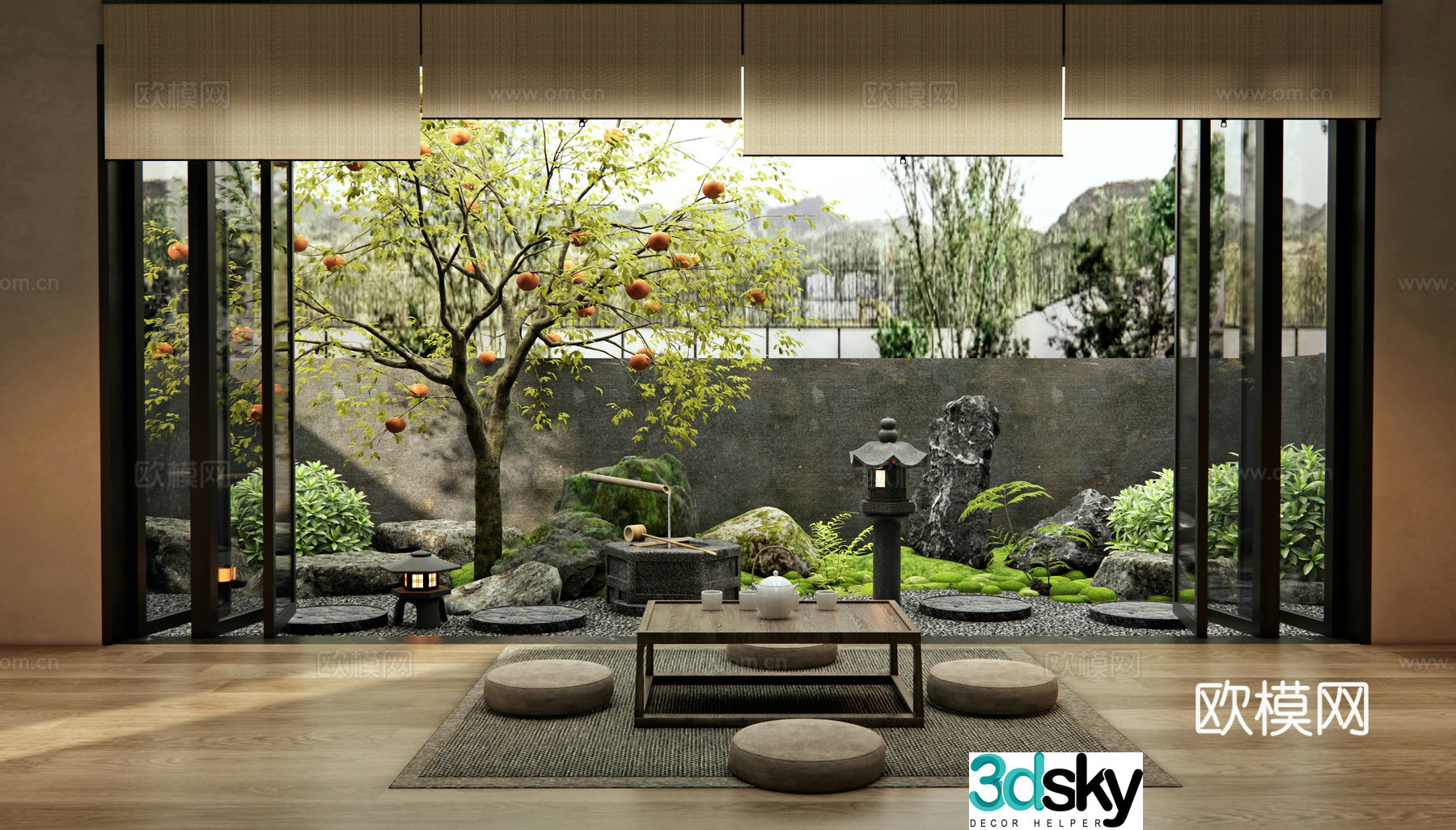 Japanese style dry landscape courtyard landscape persimmon tree fruit tree landscape stone tingstep water view tea room 3d model
