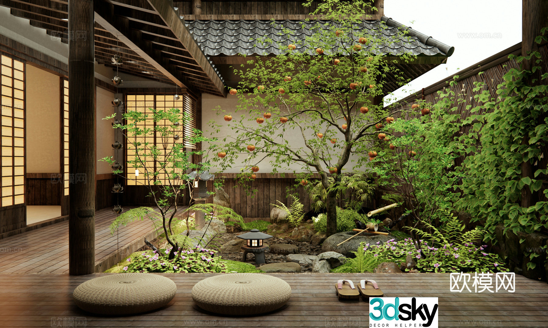 Japanese style courtyard landscape Persimmon tree Zen courtyard waterscape landscape plant landscape 3d model