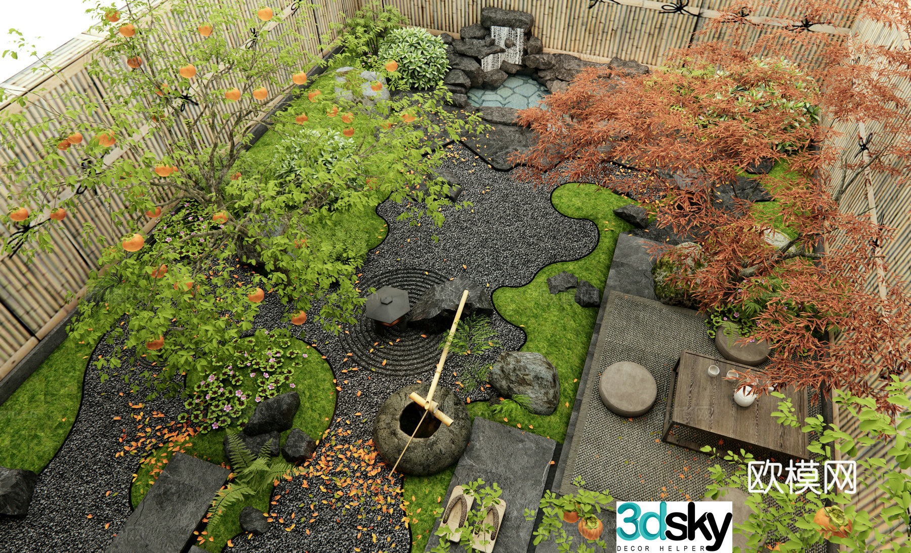Japanese Zen courtyard landscape rockery waterscape plant landscape landscape landscape stone flowers and plants 3D model