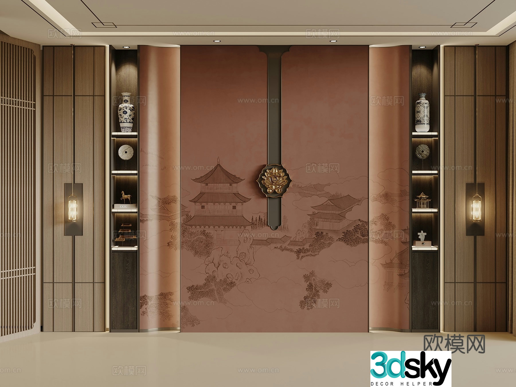 New Chinese style bookcase Decorative background wall Sofa background wall 3d model