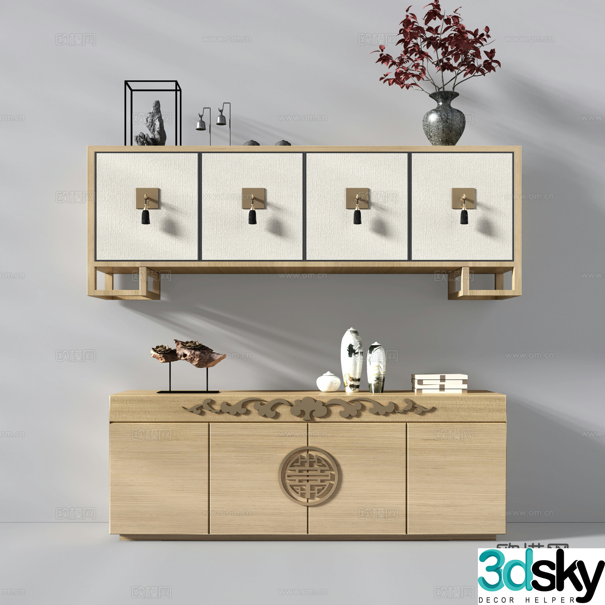 New Chinese TV Cabinet Side Cabinet New Chinese Ornaments Wood carved ornaments TV Cabinet Ornaments Planting 3D Model