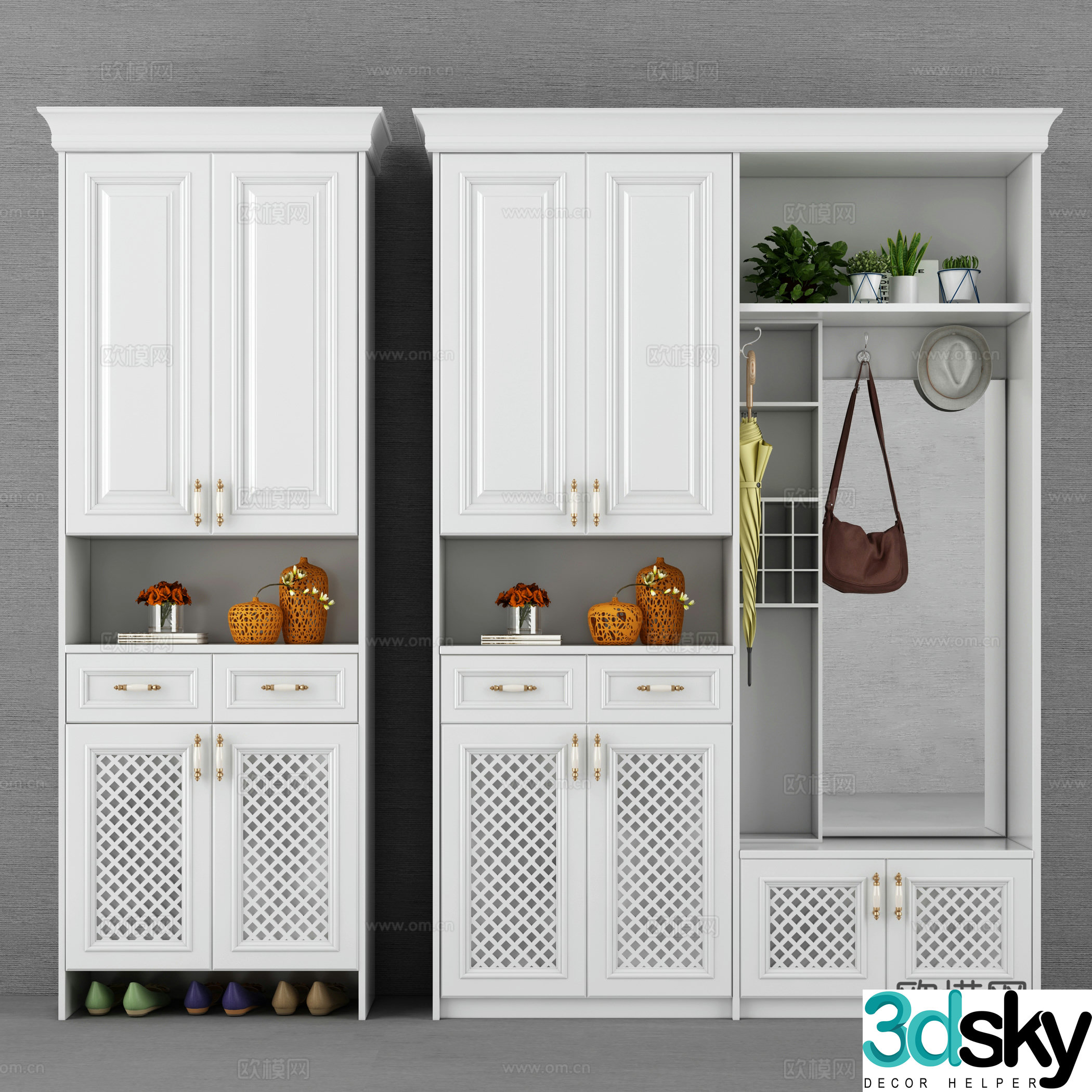 European-style simple European and American solid wood shoe cabinet simple European shoe cabinet white shoe cabinet Nordic shoe cabinet plant ornament umbrella 3D model