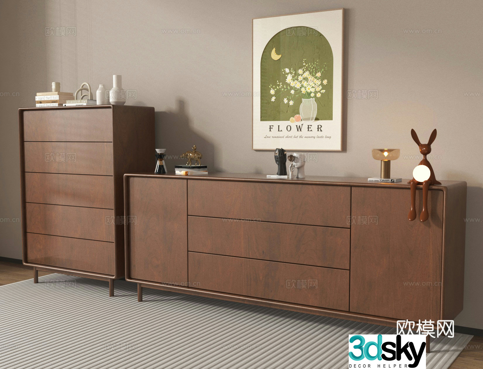 Side cabinet chest of drawers hanging paintings ornaments 3D model
