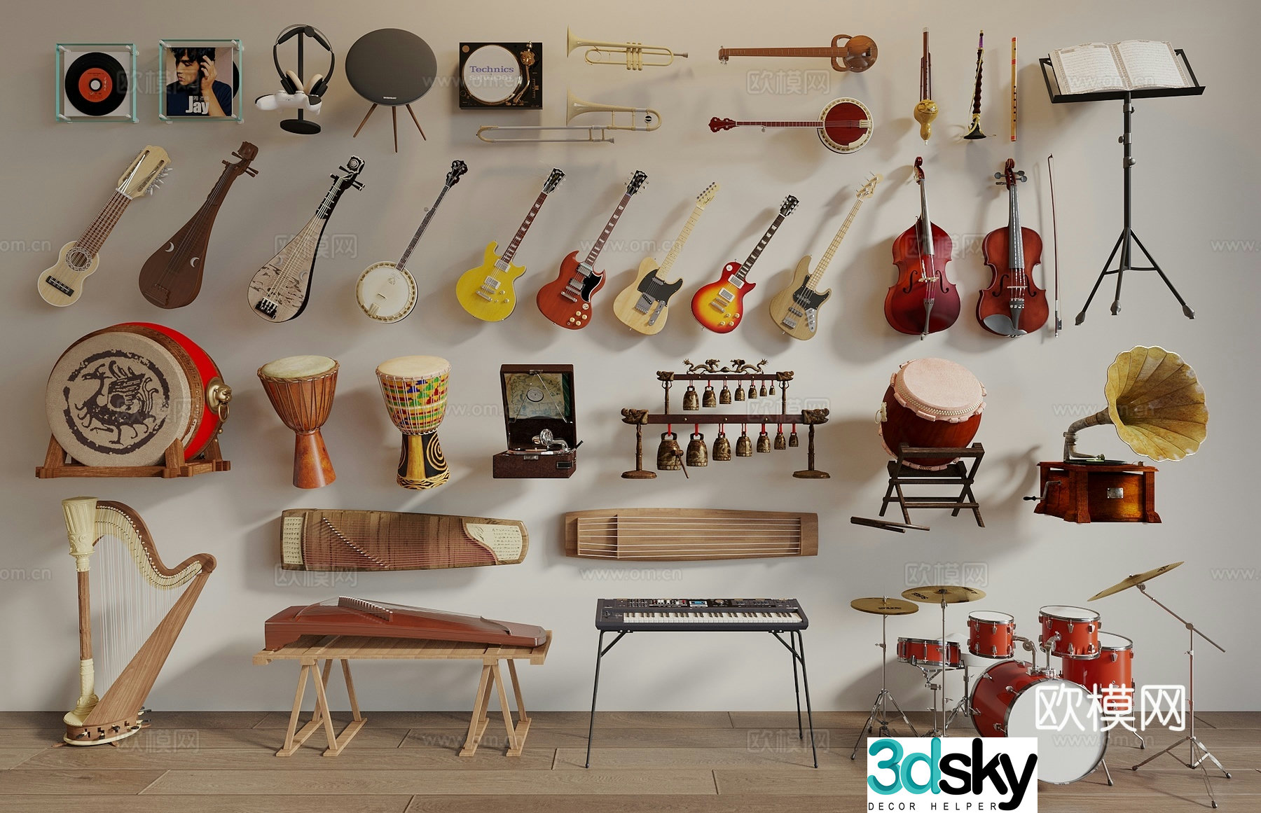 Guzheng, Drum, Violin, Guitar, Electronic Organ, Drum Set, Guzheng, Guqin, Waist Drum, Erhu 3D Model