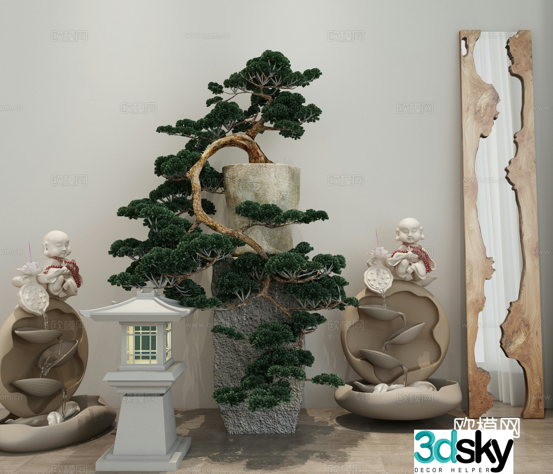 New Chinese style flowing water sculpture Bonsai Stone lamp Old wood Large board parts 3D model