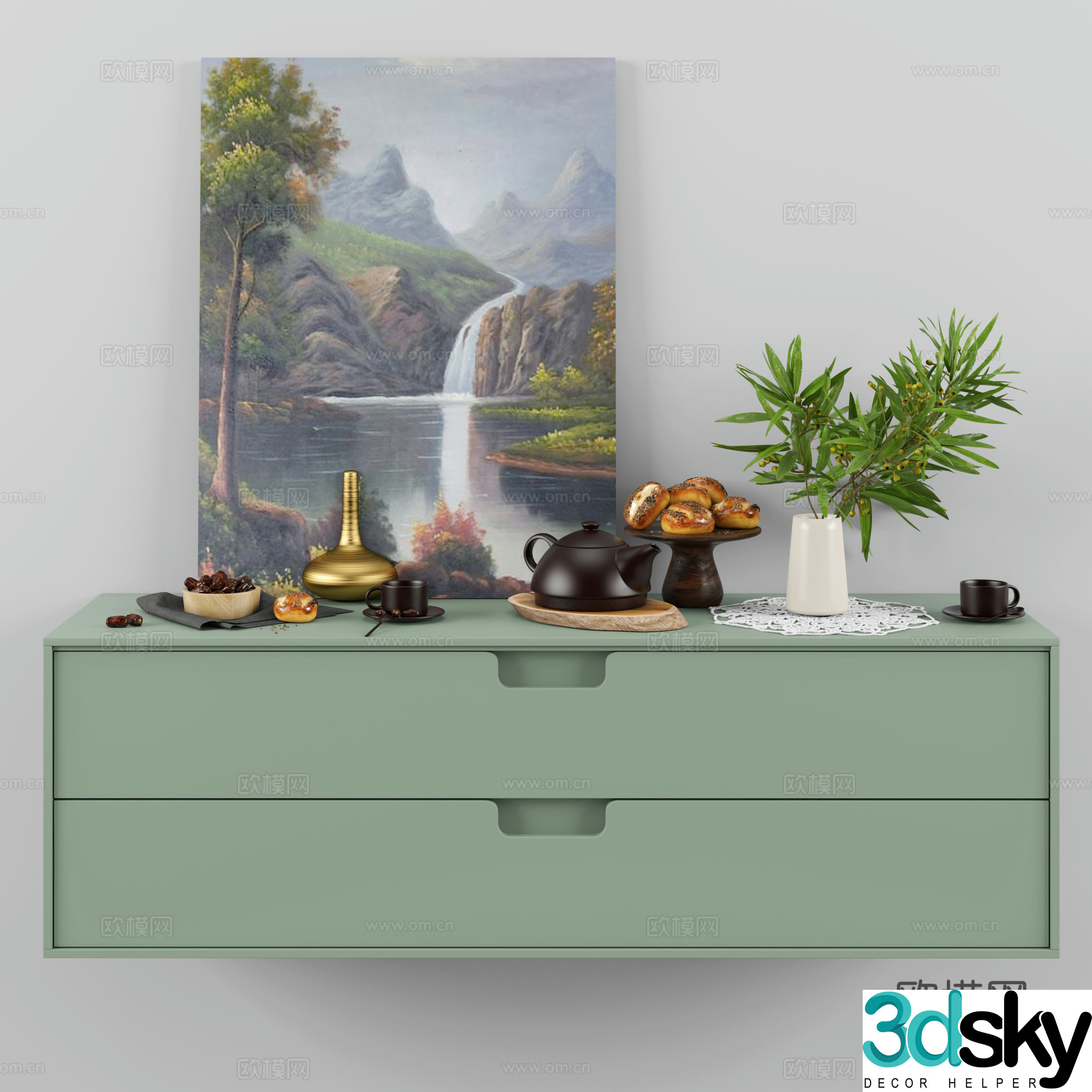 Nordic bread red dates teapot plant decoration cabinet 3d combination model 3d model