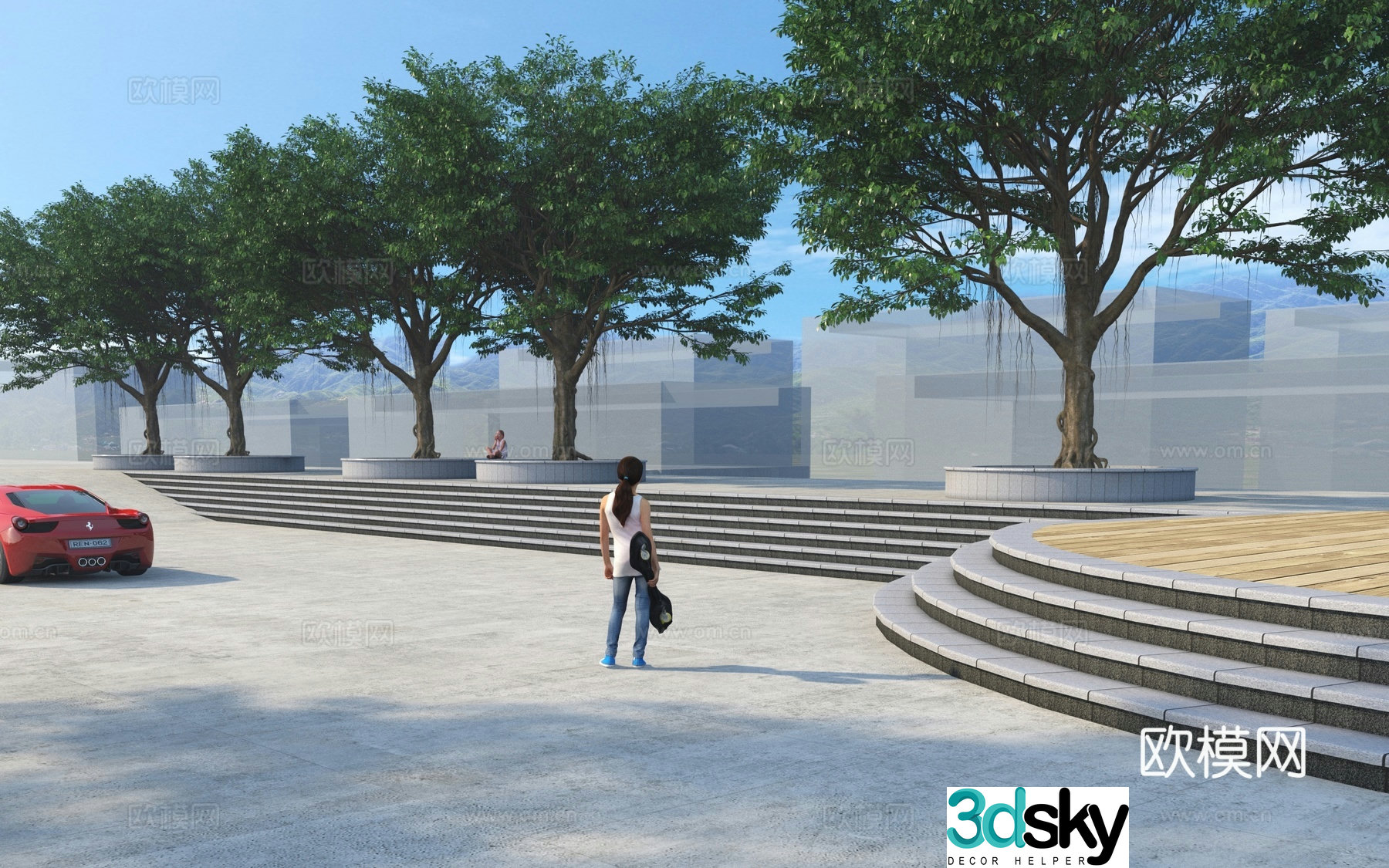 Park landscape stairs tree pool banyan tree 3d model 3d model