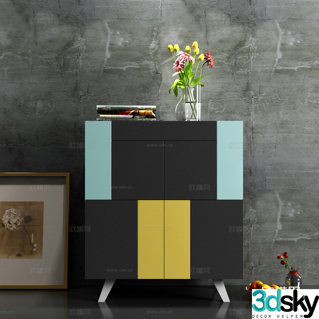Modern side cabinet decoration cabinet vase floral ornament 3d model