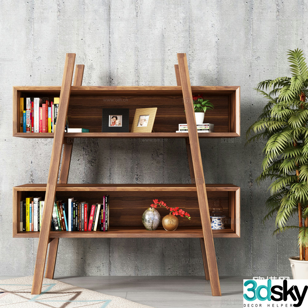Nordic bookshelf decorative shelf green plant ornaments 3D model