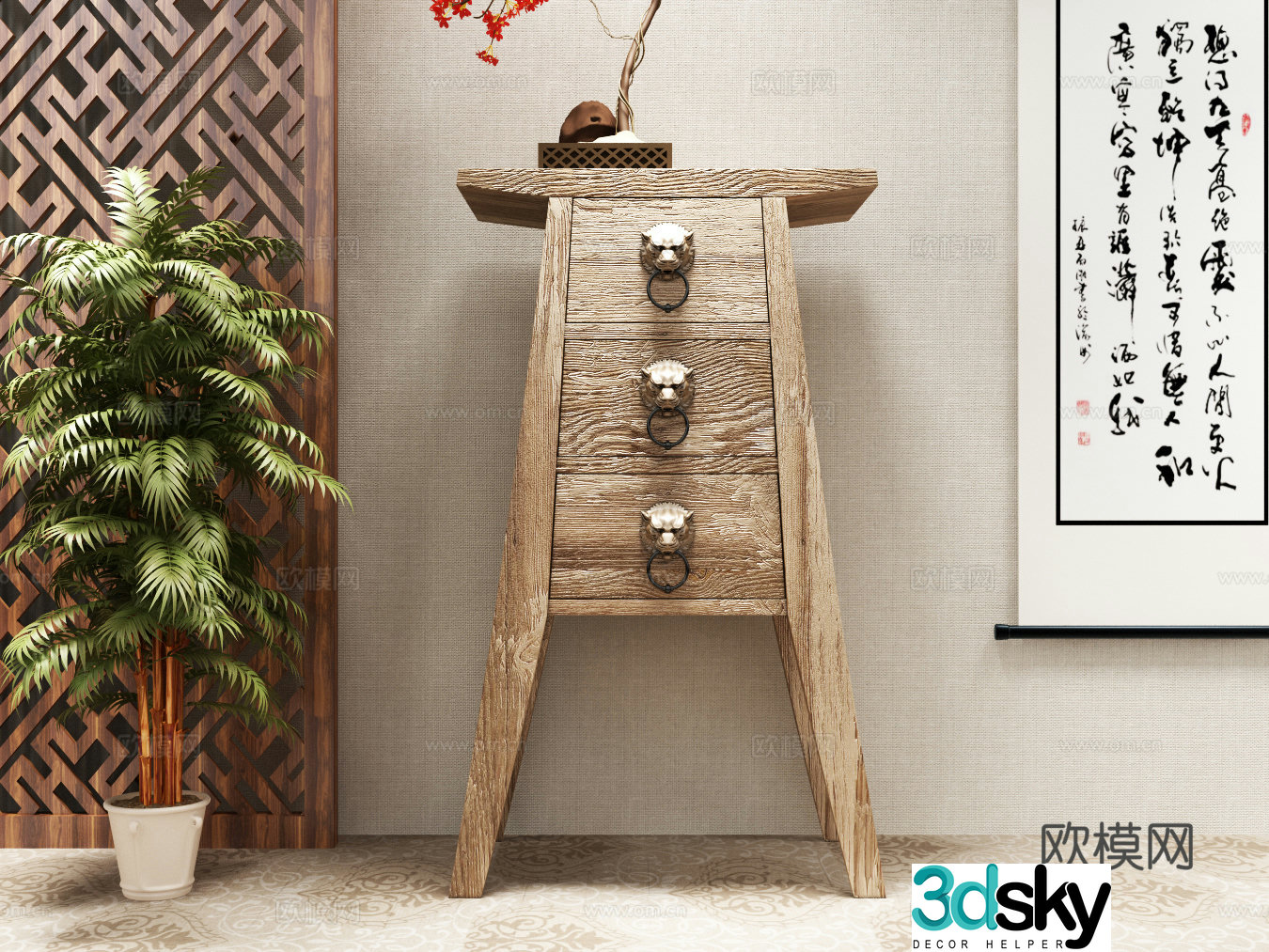 Zen Chinese style decoration cabinet green plant hanging painting 3D model