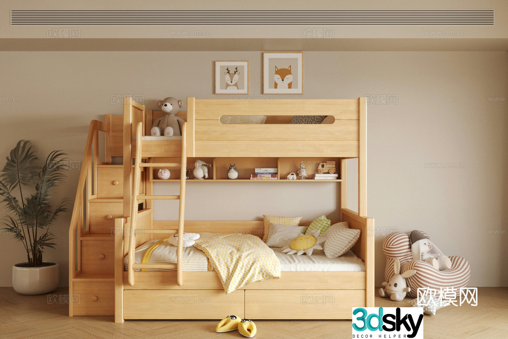 Children’s bed with upper and lower bunk beds with solid wood beds with high and low beds with multi-functional beds with dolls 3D model