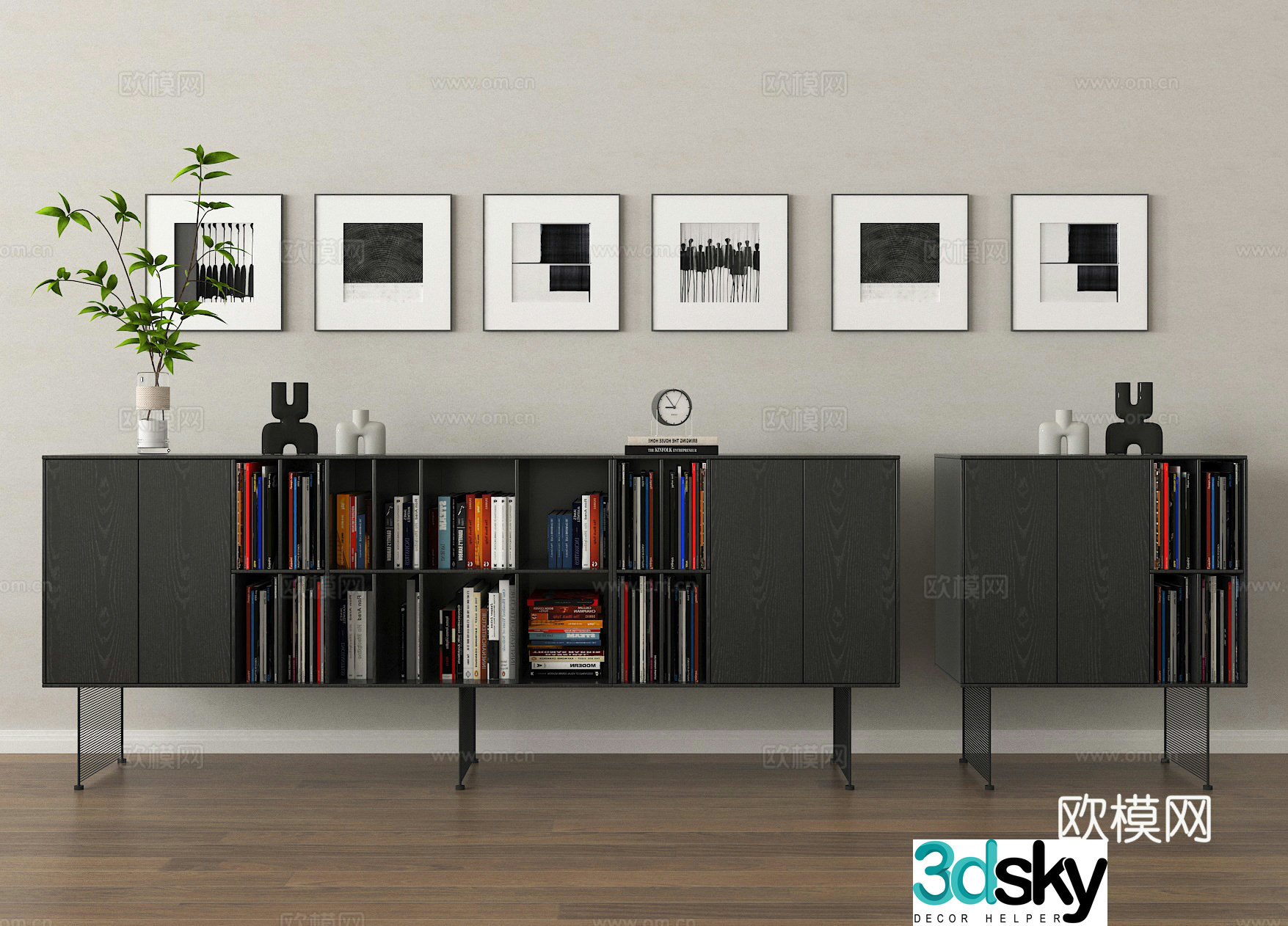 Side cabinet Bookcase Storage cabinet Hanging picture frame Ornamental ornament Vase flower art 3D model