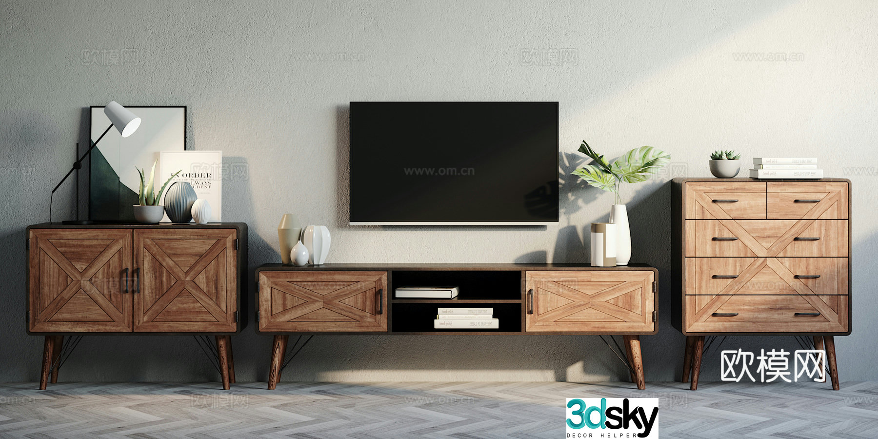 Nordic TV cabinet side cabinet storage cabinet ornament combination 3D model