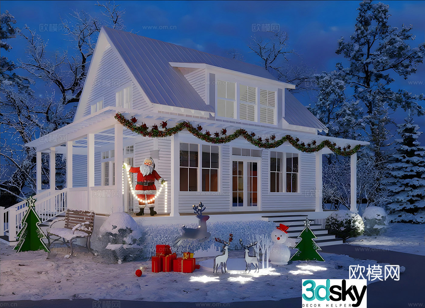 American outdoor scene Christmas decoration snow scene 3d model