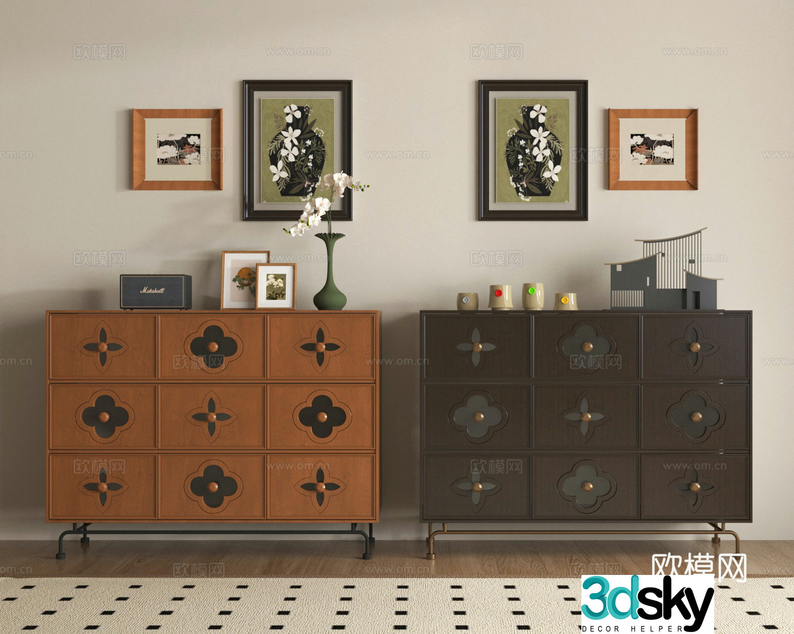Side cabinet chest of drawers hanging paintings ornaments 3D model