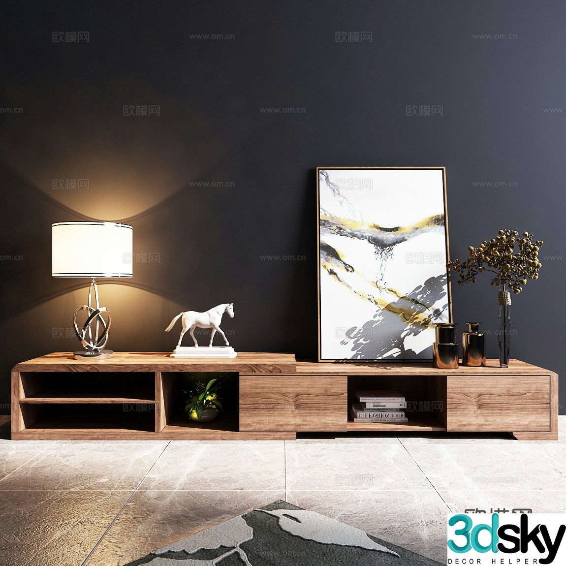 Modern TV cabinet desk lamp decorative painting sculpture jewelry carpet model 3d model