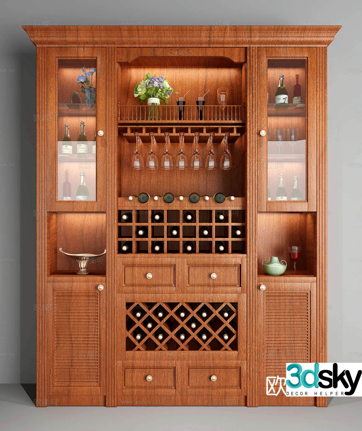 American solid wood wine cabinet 3D model