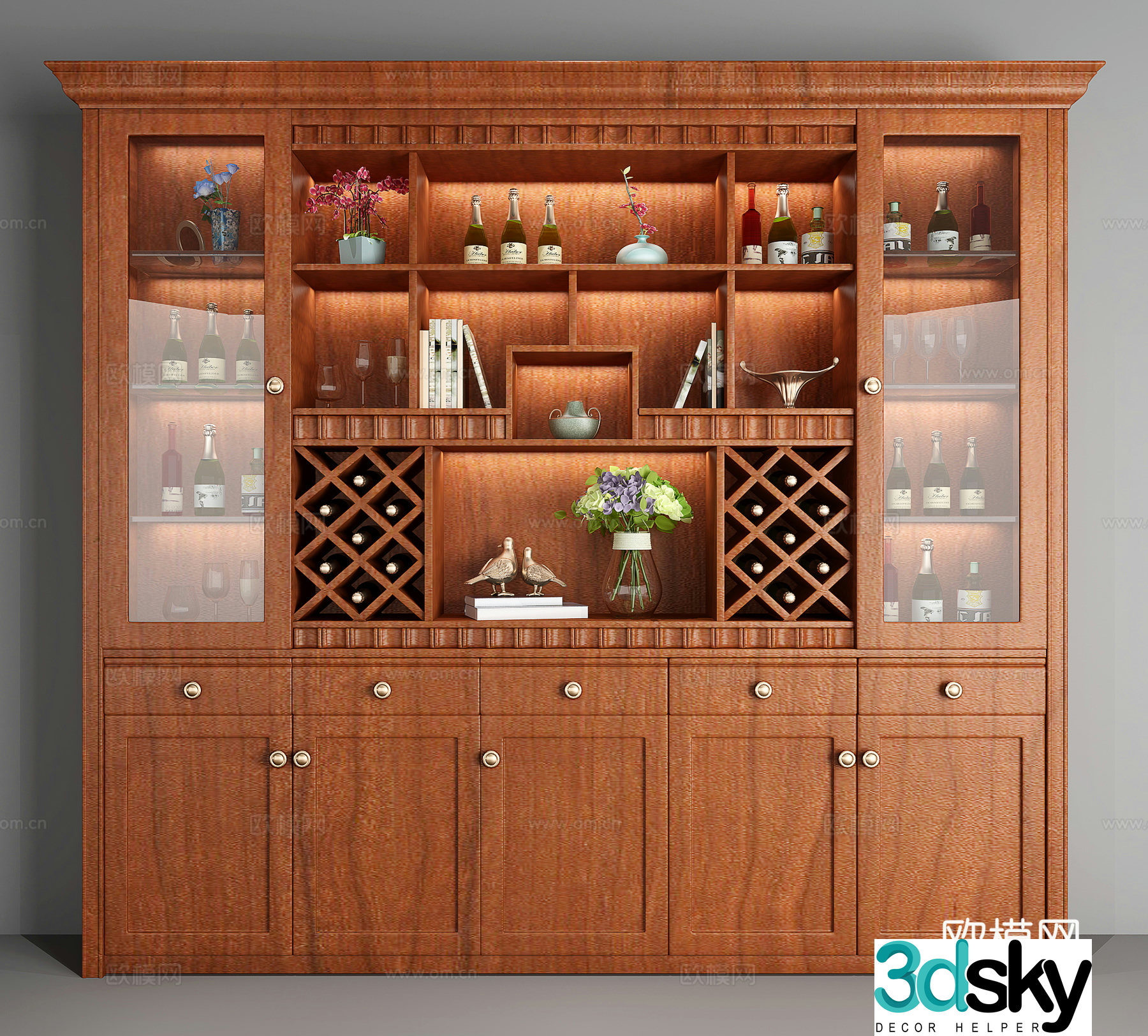 American solid wood wine cabinet 3D model