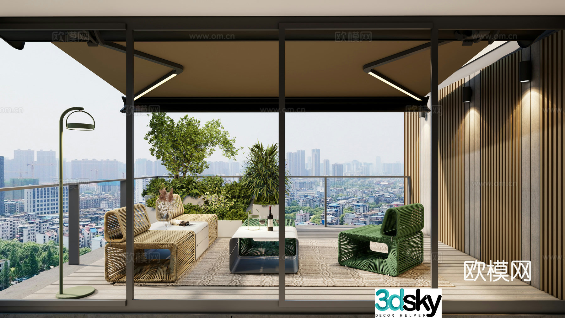 Modern roof garden Terrace landscape Outdoor module leisure chair Flower pond plant landscape Great Wall board 3D model