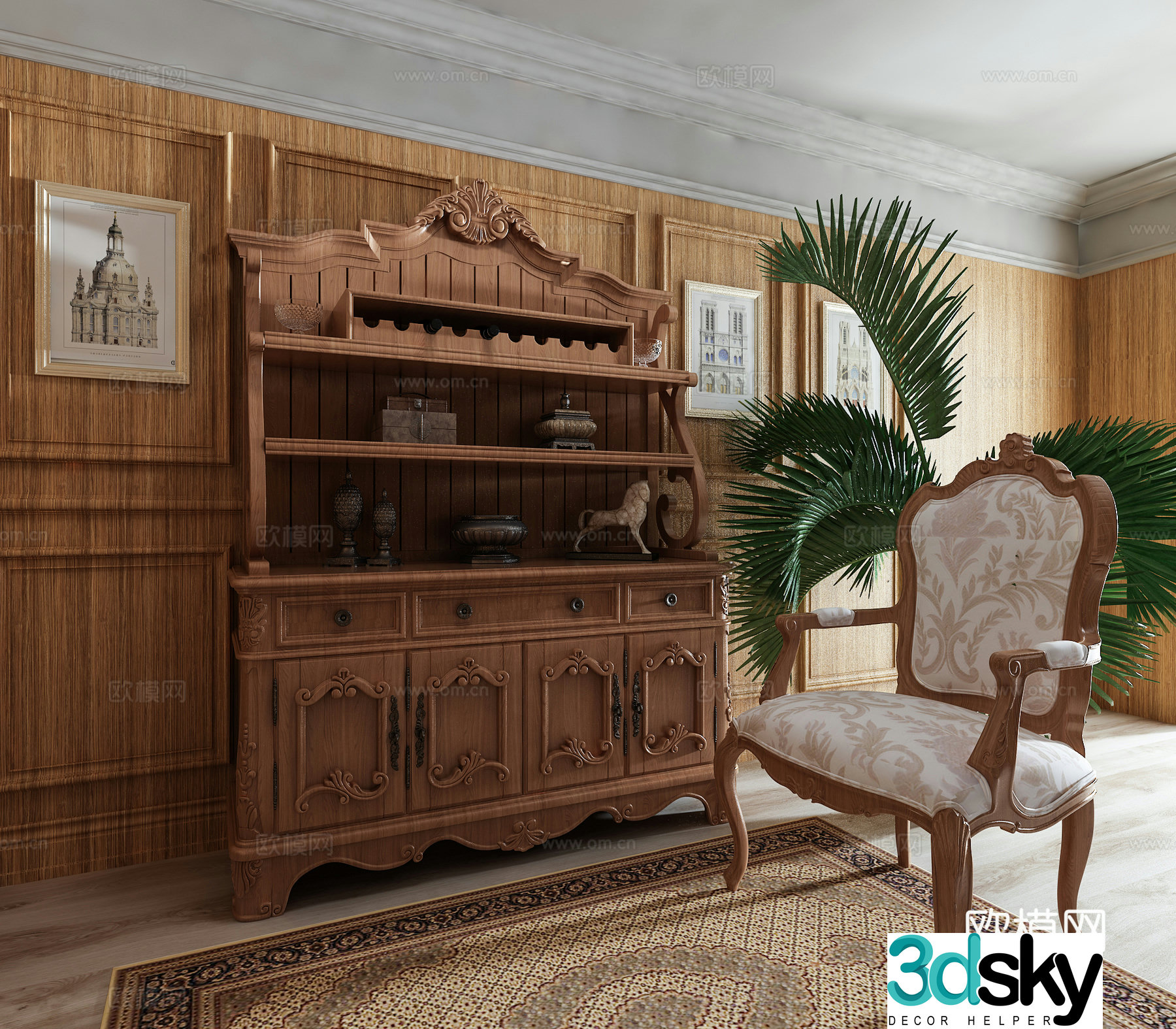 European wine cabinet leisure chair plant combination decorative painting decoration 3D model