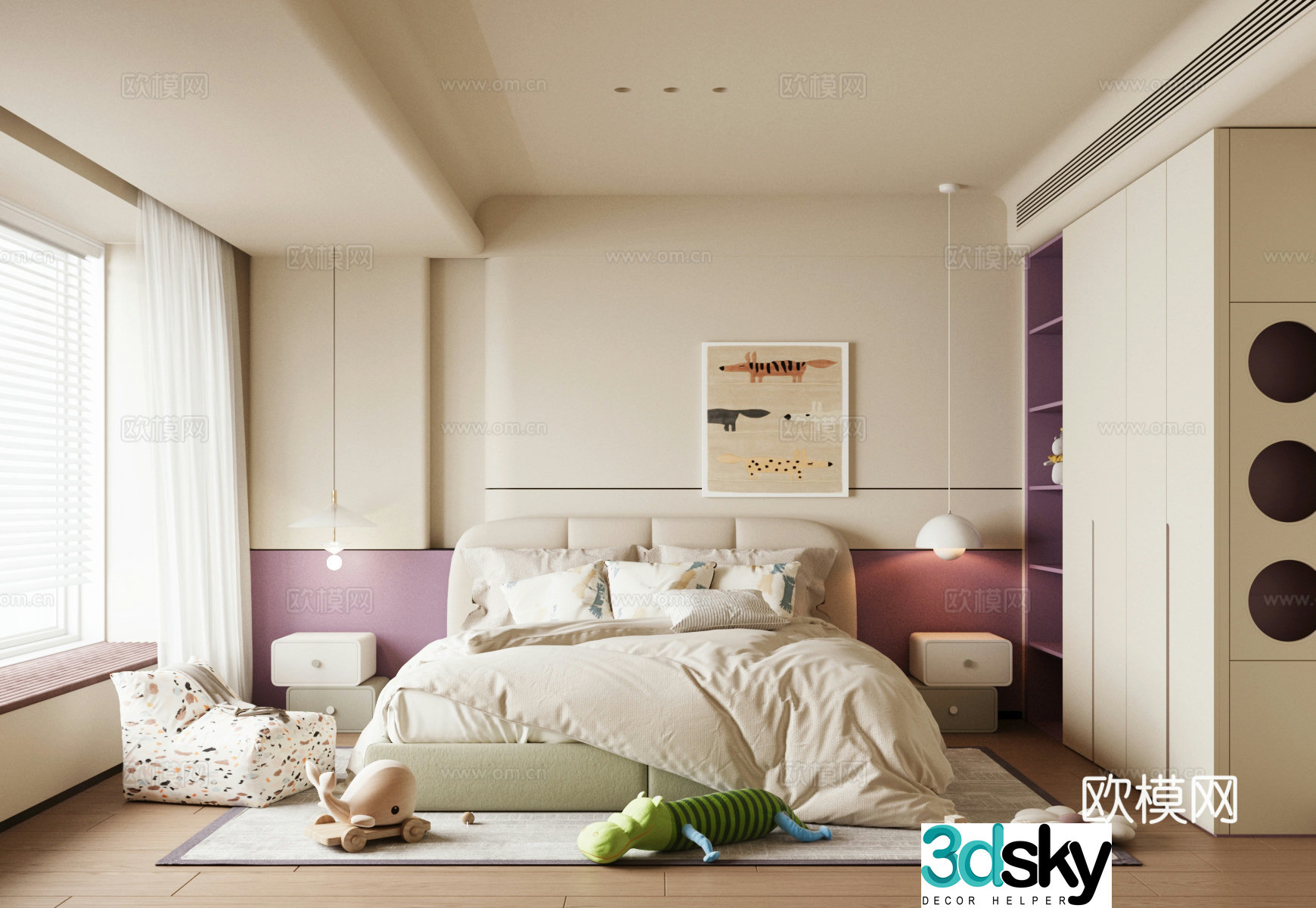 Modern universal children’s room Cream style home bedroom Children’s bed Nordic children’s room Children’s desk 3D model