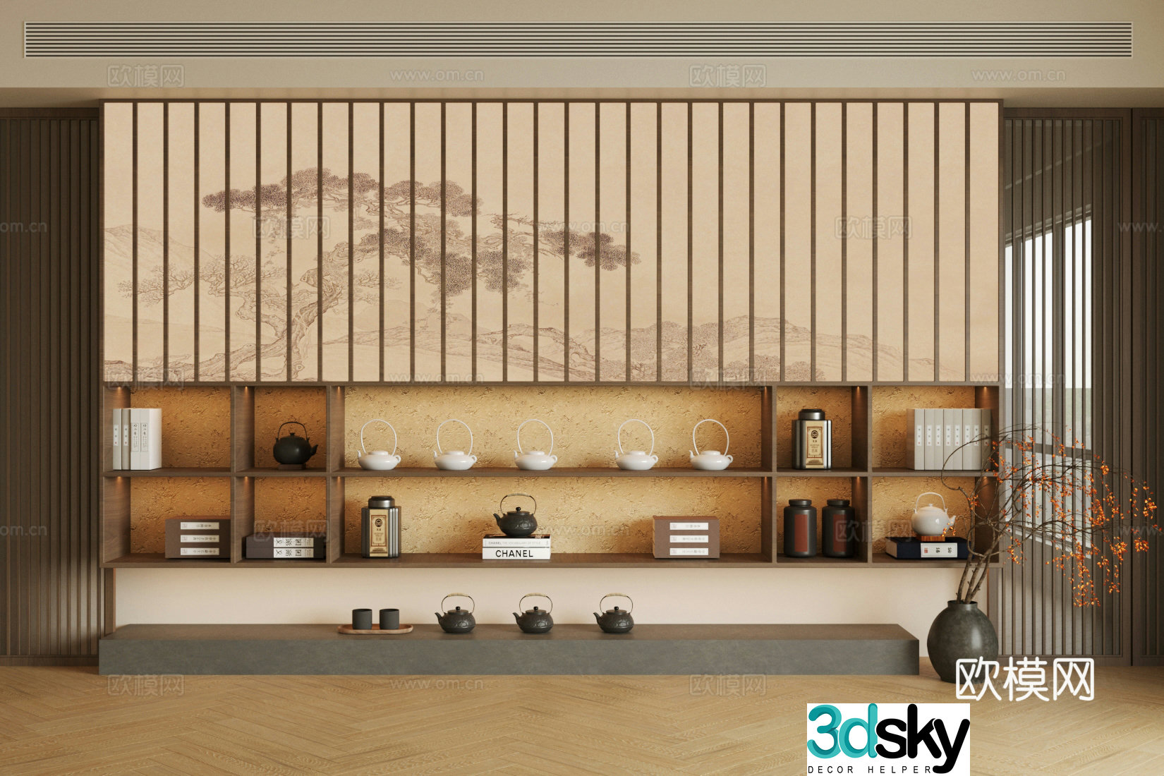 New Chinese style Zen tea cabinet Song style tea room cabinet Tea room background wall Whole row of tea cabinet Tea room cabinet 3D model