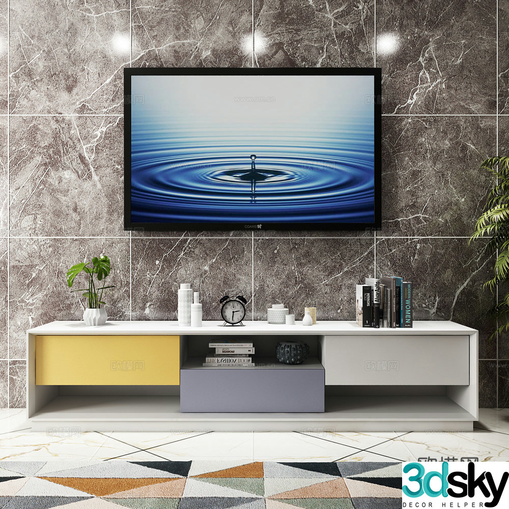 Modern TV cabinet TV accessories carpet green plant model 3d model