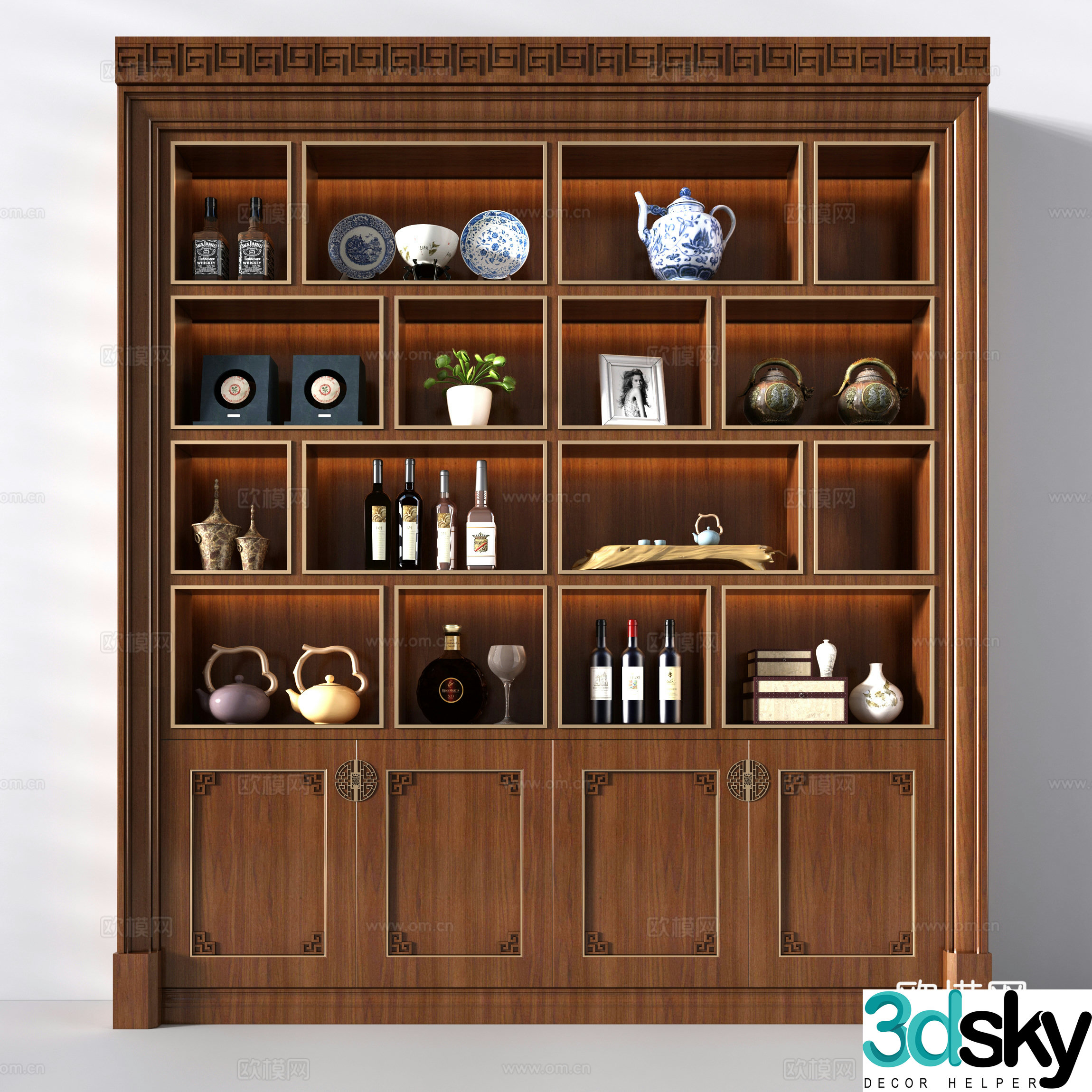 New Chinese wine cabinet tea set tea cake red wine bottle Chinese ornament 3D model