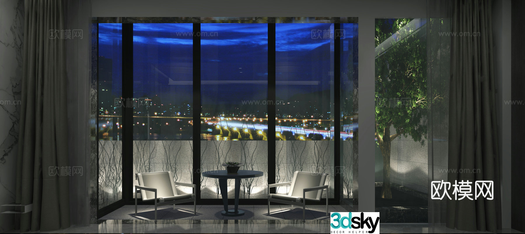 Modern balcony leisure chair landscape tree dead branches 3d model