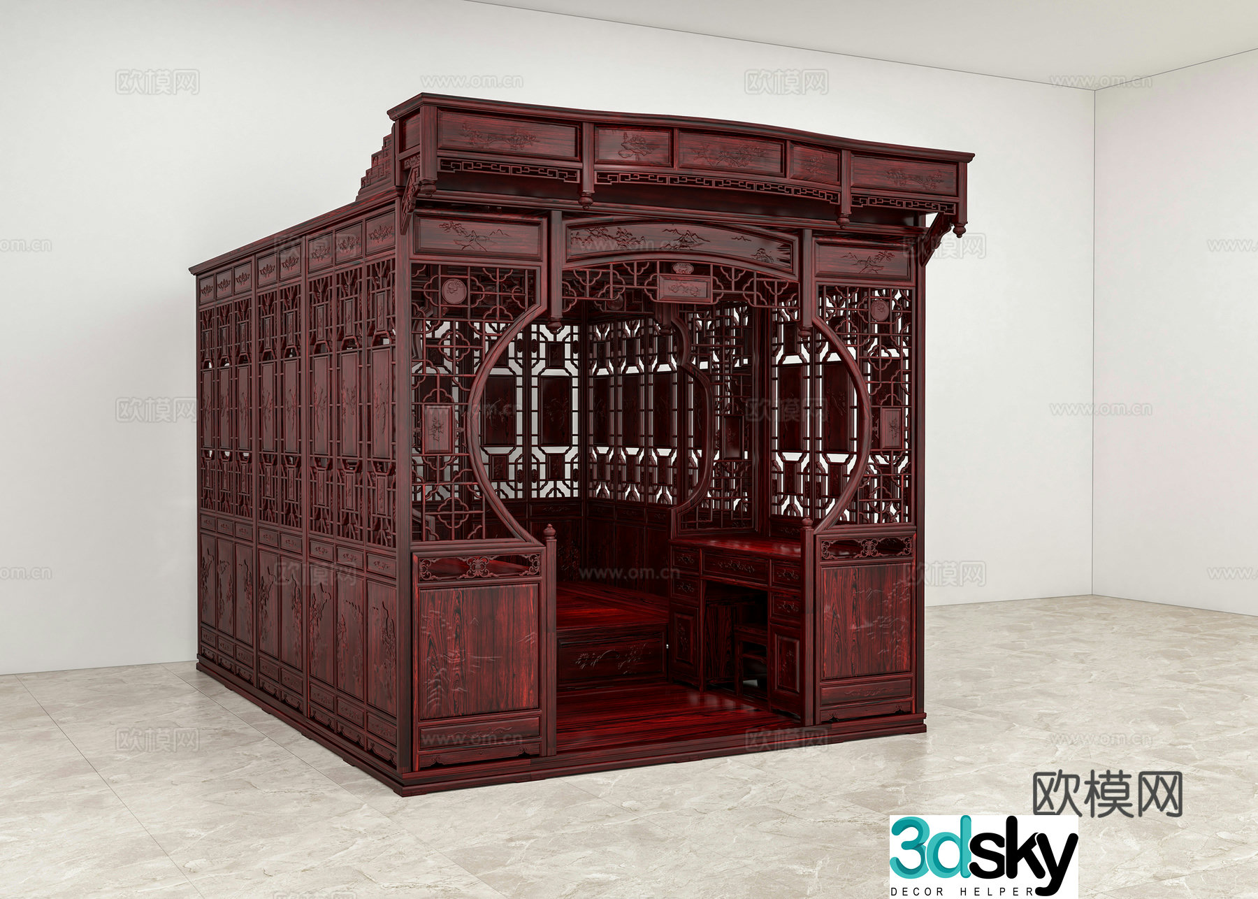 Chinese style thousand-work step-drawing bed shelf bed study table tatami carved shape solid wood mahogany 3D model