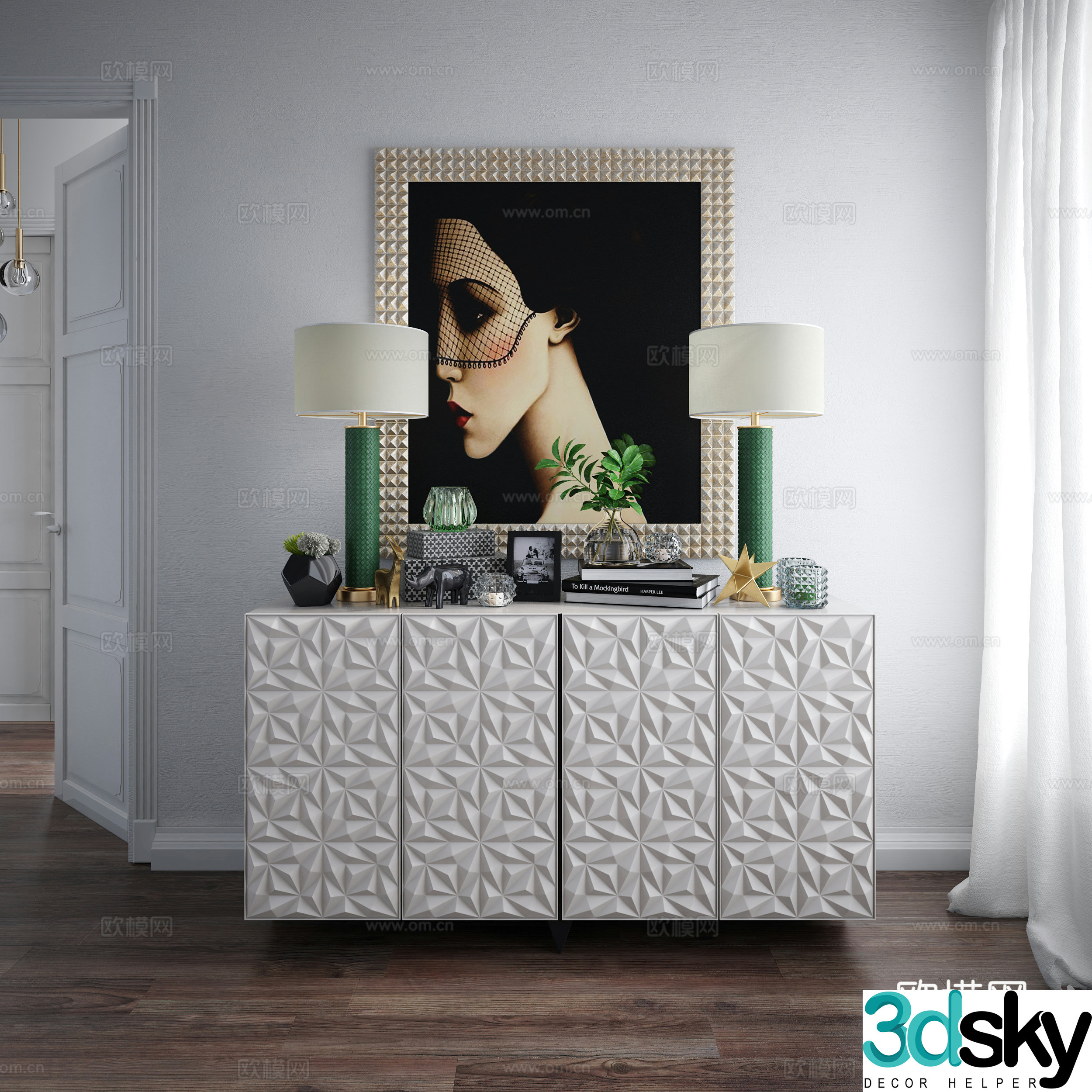 Modern solid wood side cabinet decorative cabinet desk lamp decorative painting ornament combination 3D model 3D model