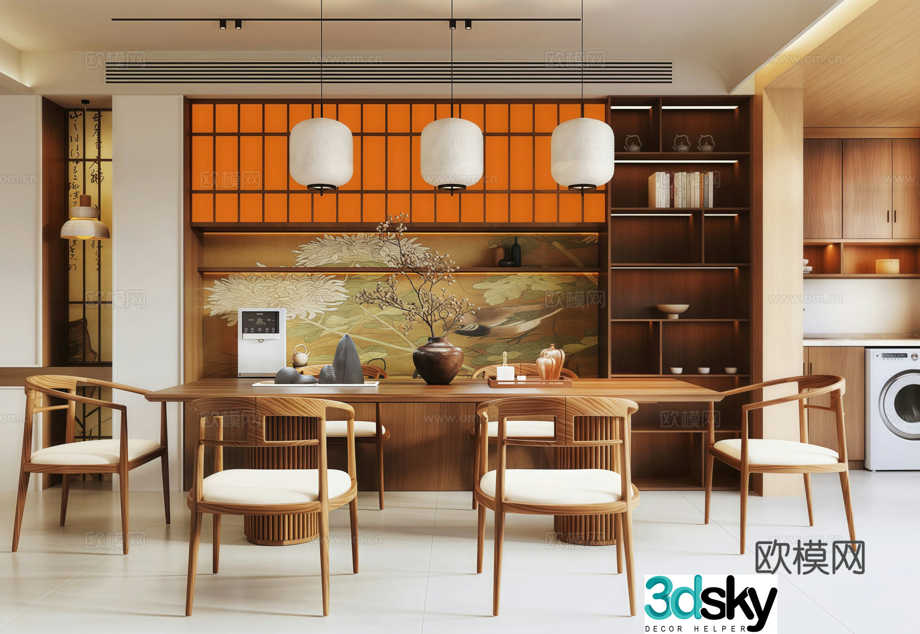Song-style restaurant sideboard dining seat combination washing machine cabinet chandelier 3d model
