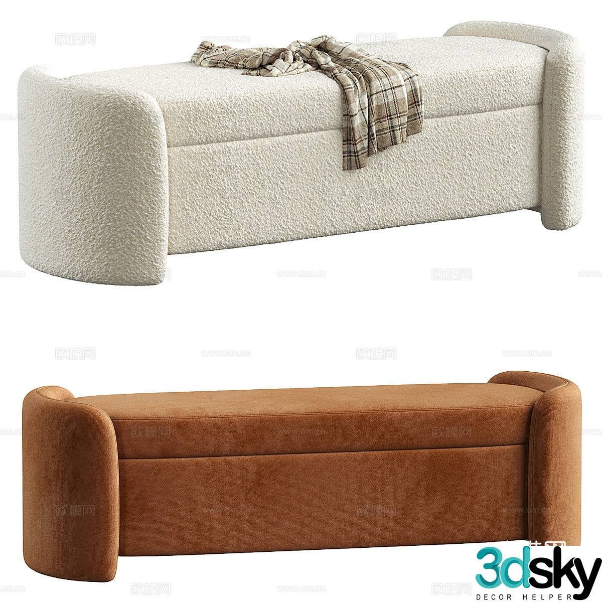 Modern cream style fabric bench strip stool tail stool 3d model