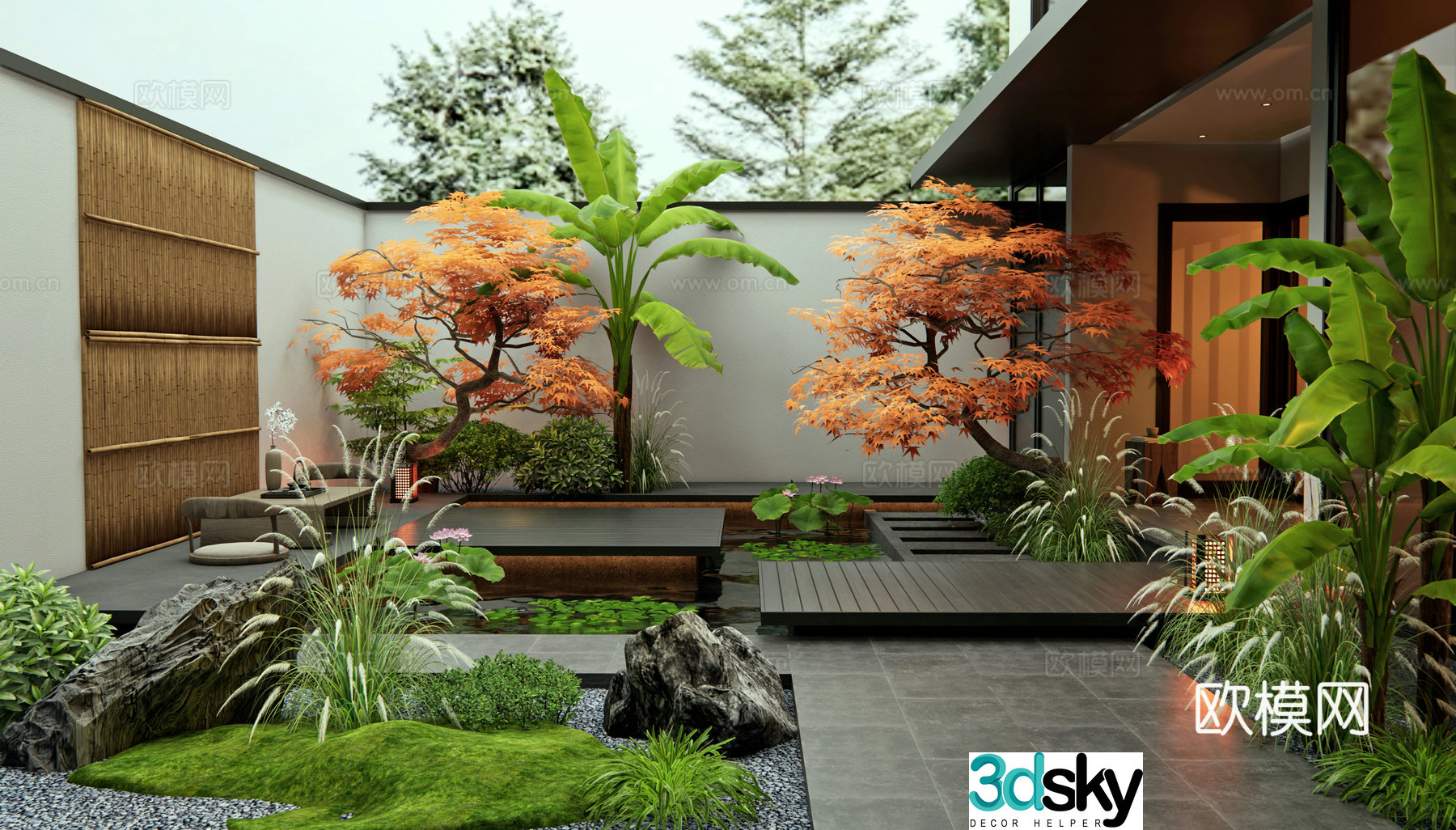 New Chinese style villa courtyard garden villa courtyard yard Tingbu water view lotus red maple banana 3d model