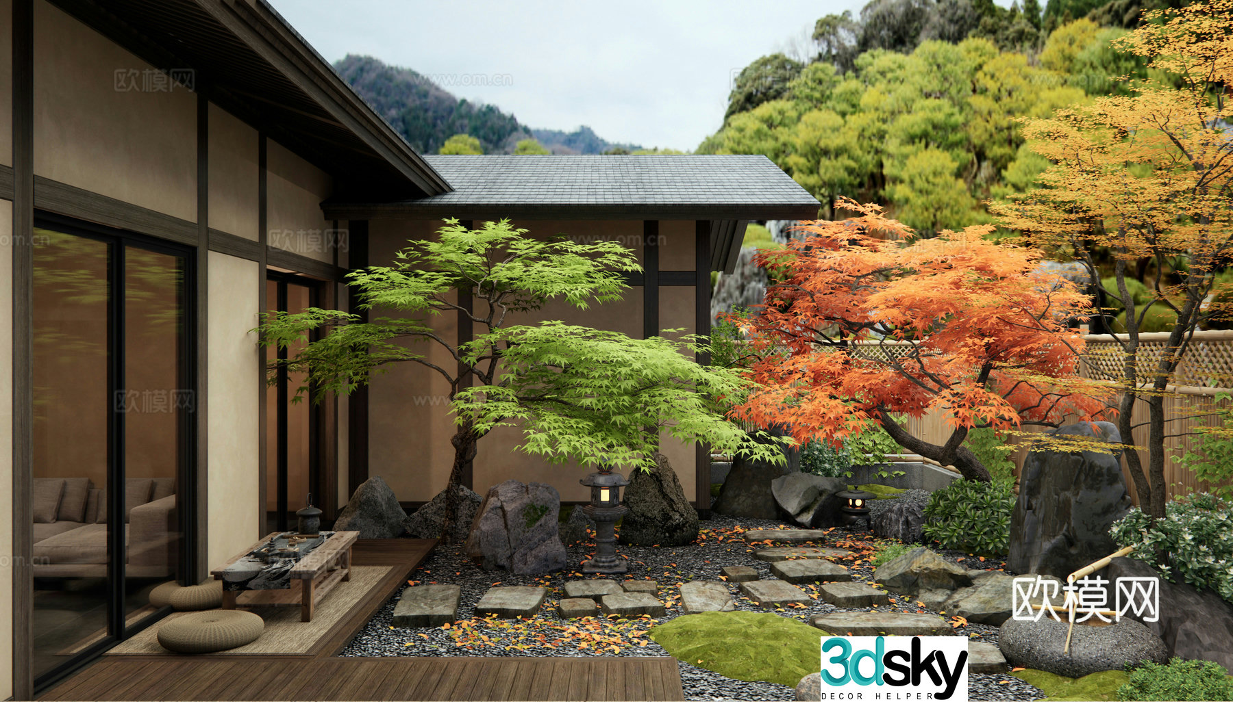 Japanese style garden dry landscape tingling landscape stone rural courtyard red maple water bowl 3d model