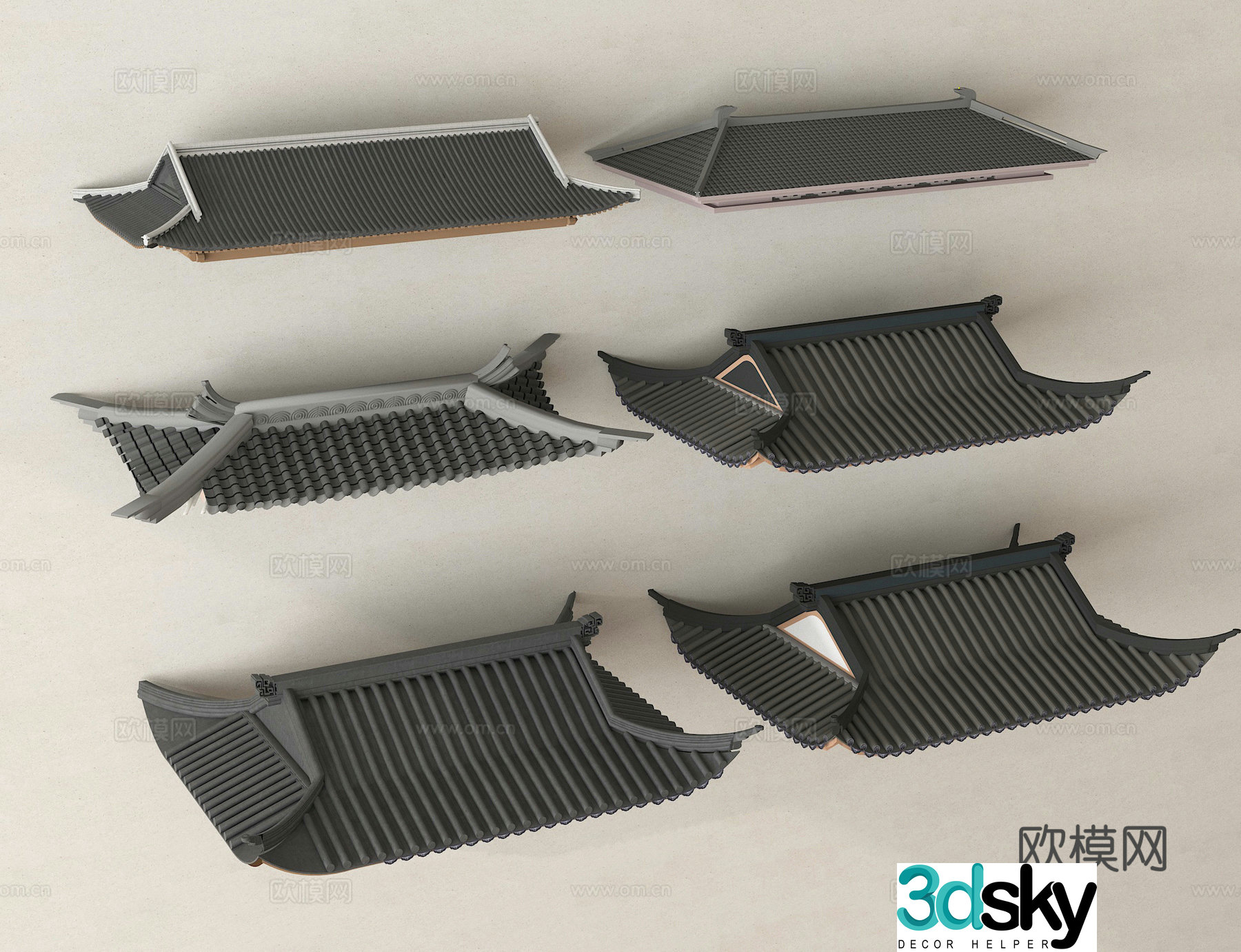 Chinese eaves roof tiles roof ridge 3d model
