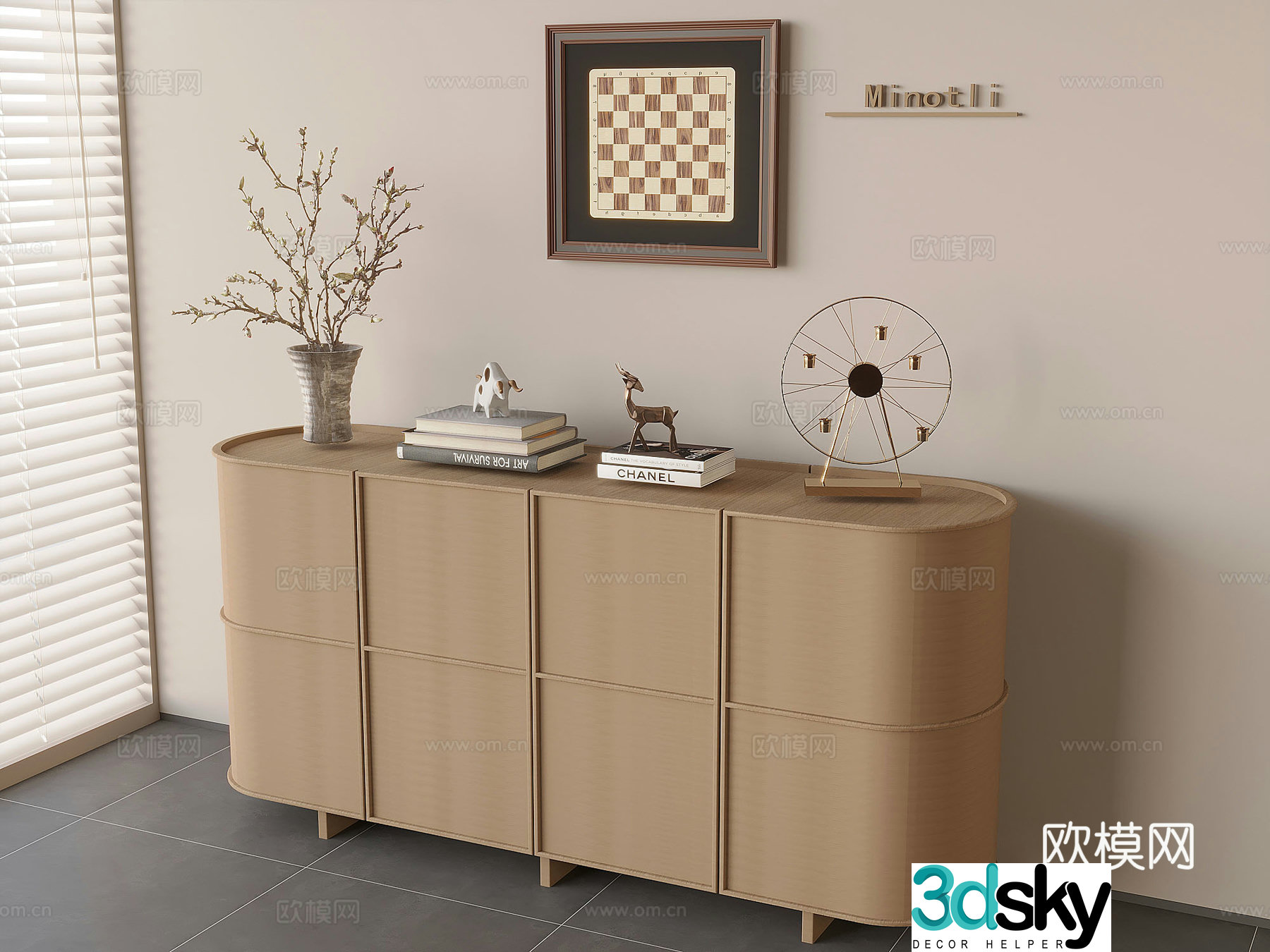 Nordic sideboard medieval style storage sideboard solid wood entrance cabinet end view cabinet 3D model