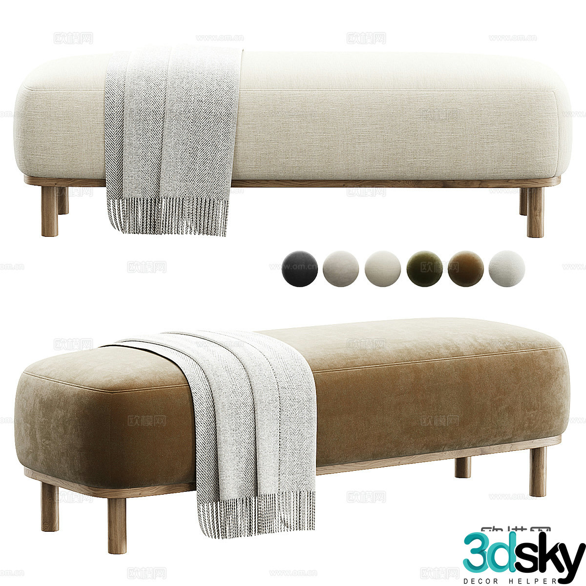 Modern Italian cream style fabric bench strip stool tail stool 3D model