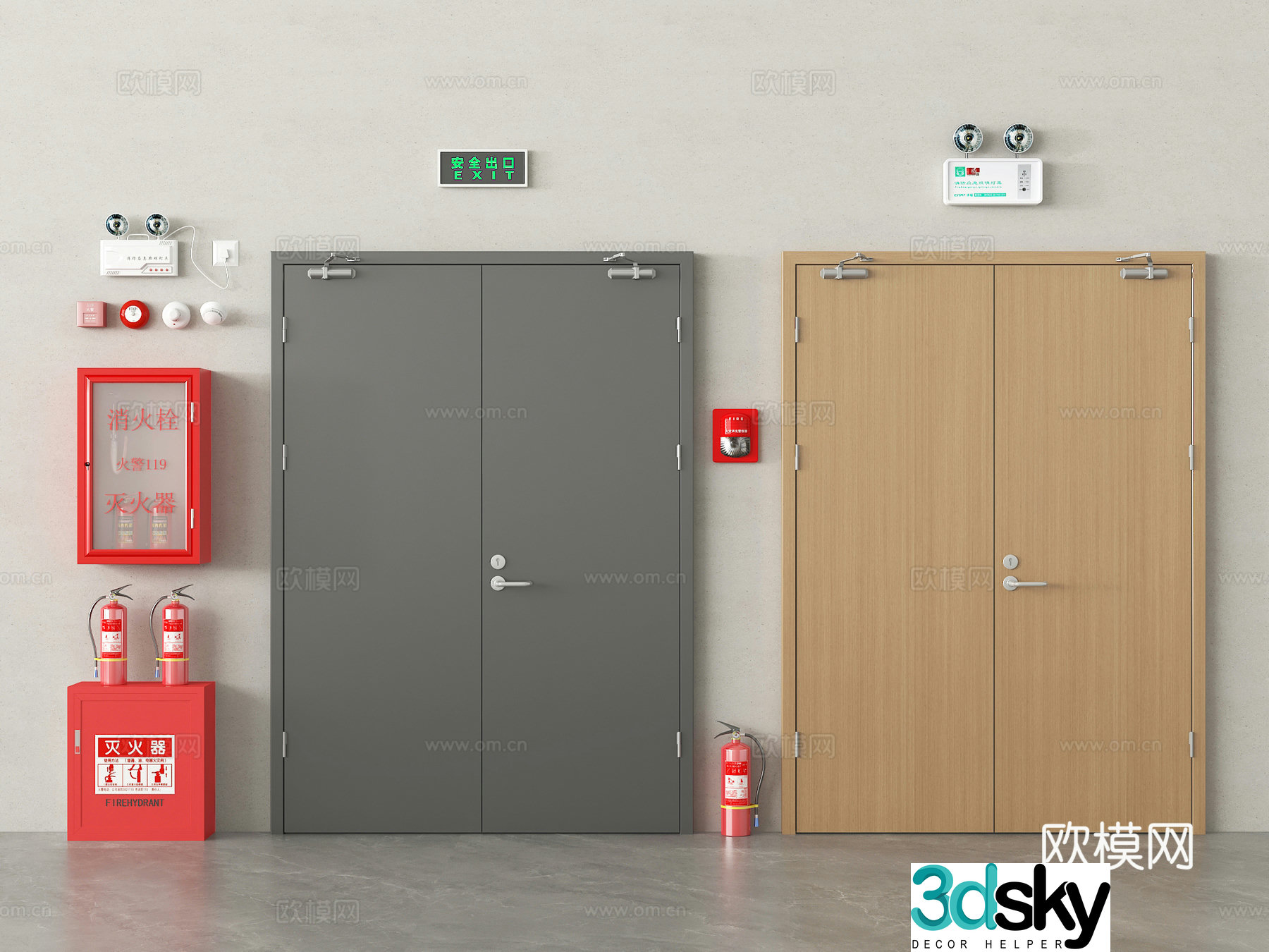 Modern fire door Fire door Safety exit Emergency sensing light Fire hydrant Fire extinguisher 3D model