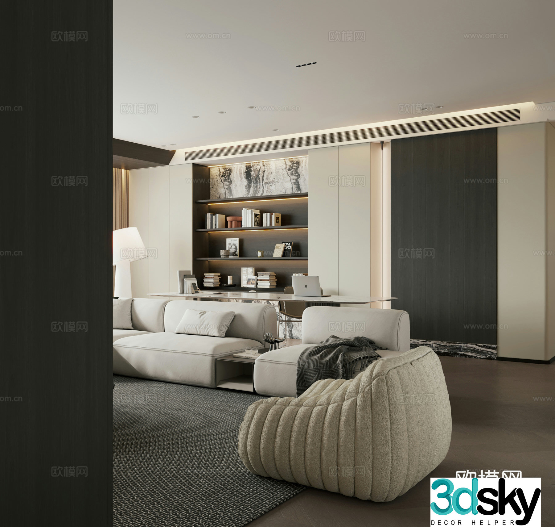 Modern black and white minimalist living room horizontal hall large flat floor living room and study integrated 3D model