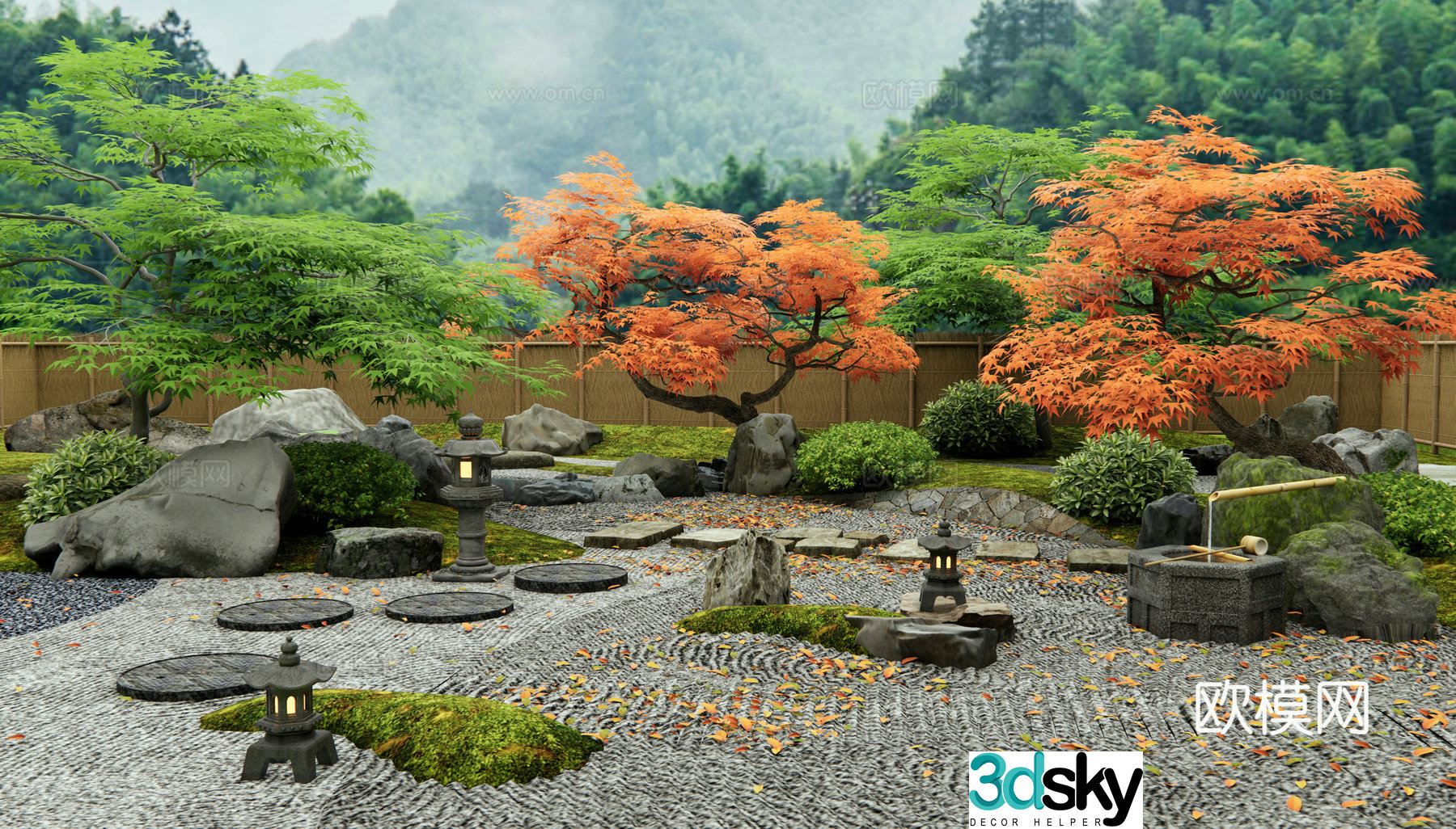 Japanese style dry landscape garden landscape stones Tingbu Micro-terrain landscape Red maple 3d model