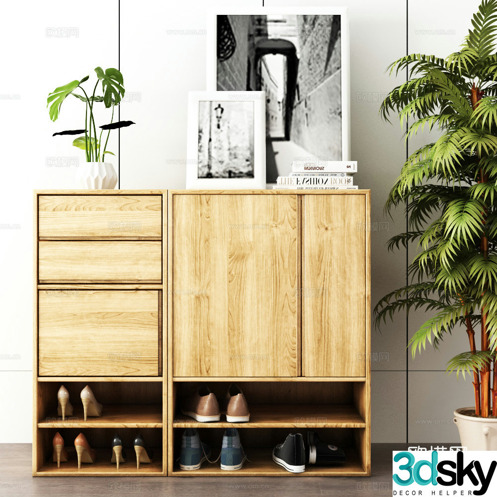 Nordic solid wood shoe cabinet green plant 3D model
