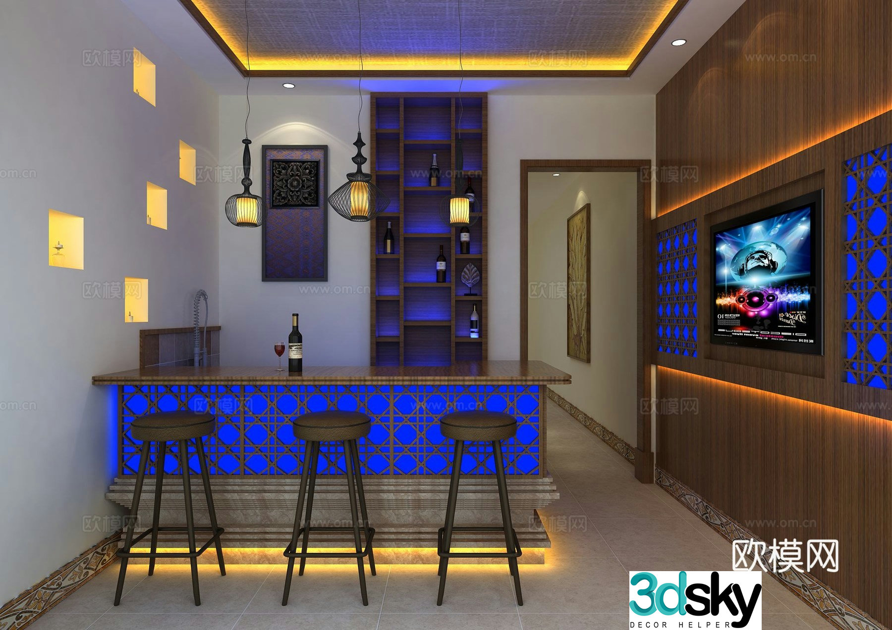 Southeast Asian modern bar wine cabinet combination 3D model
