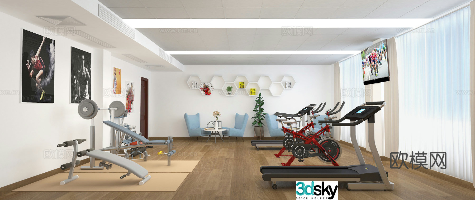 Mixed and matched home fitness room treadmill 3d model