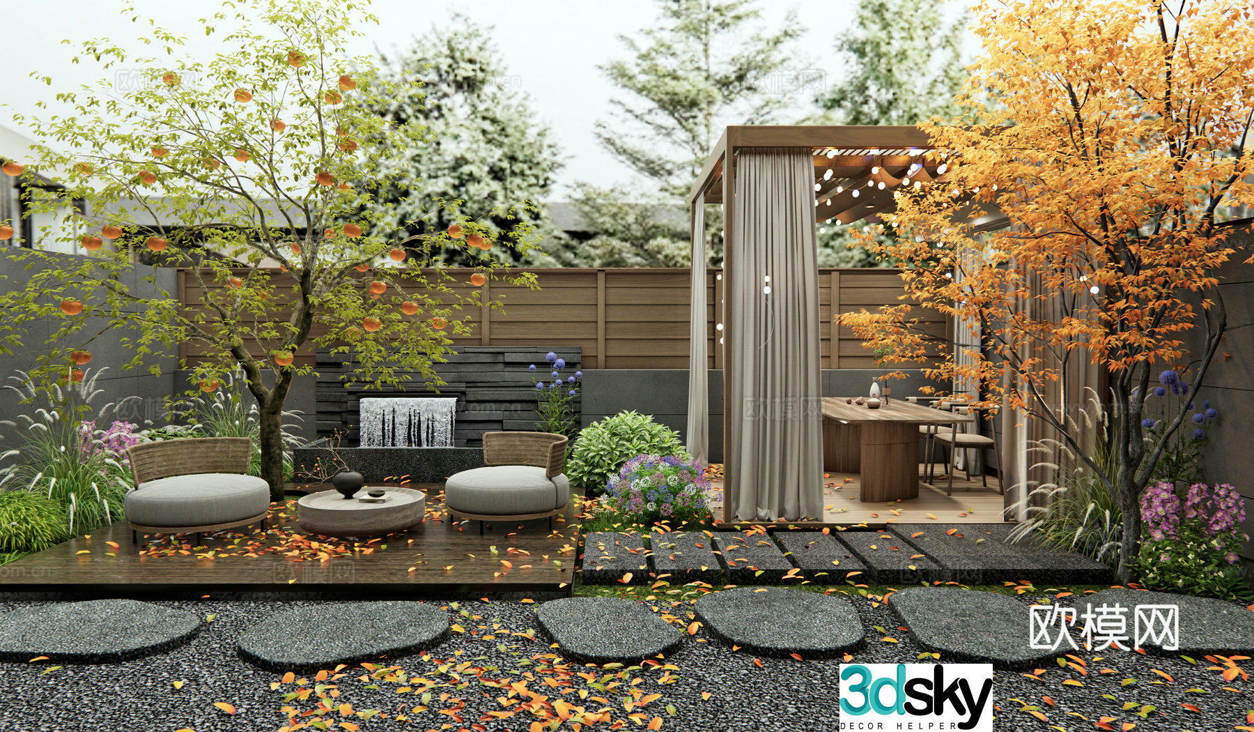 Wasabi Garden Garden Outdoor Sofa Persimmon Tree Gallery Wolftail Grass Flowers and Grass Shrubs 3D Model