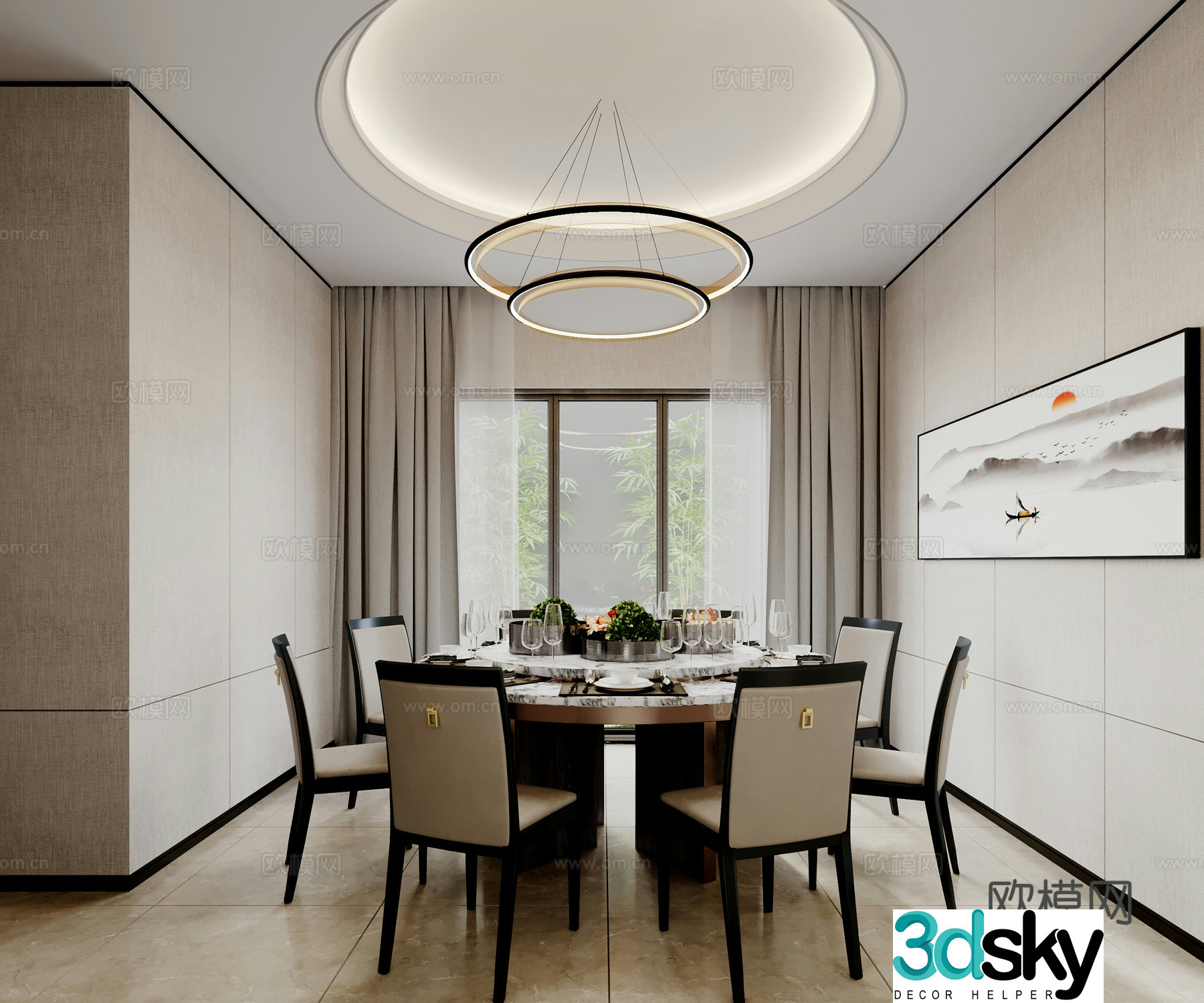 New Chinese restaurant dining table dining chair tableware chandelier painting curtains private room 3D model