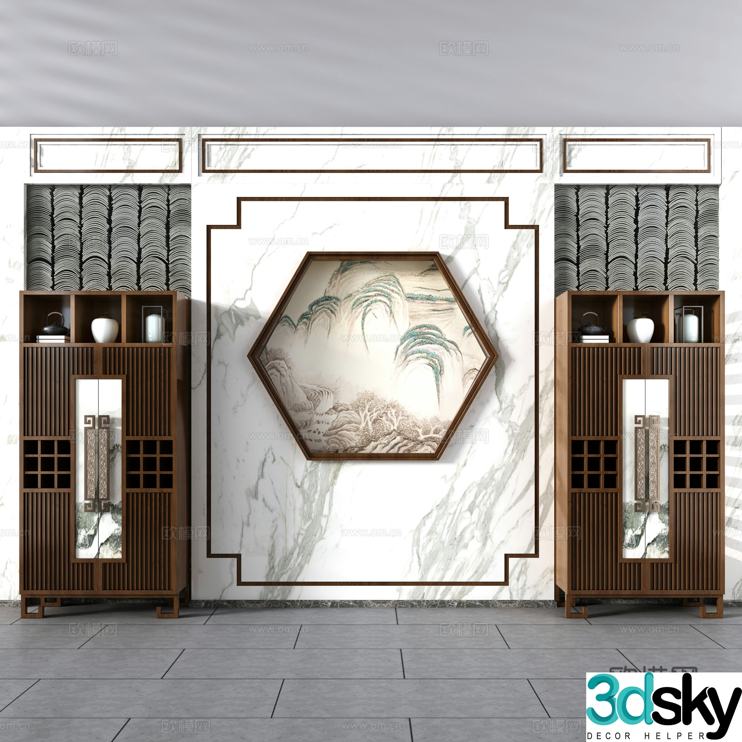 New Chinese wine cabinet tile tile decoration cabinet background wall new Chinese restaurant new Chinese back 3D model