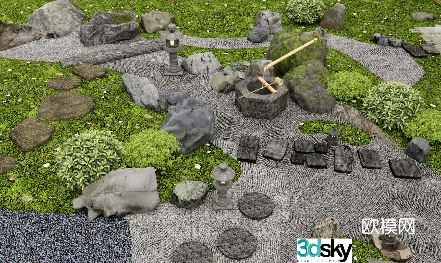 Japanese-style terrain dry landscape landscape stone tingling landscape stone waterscape moss landscape 3D model